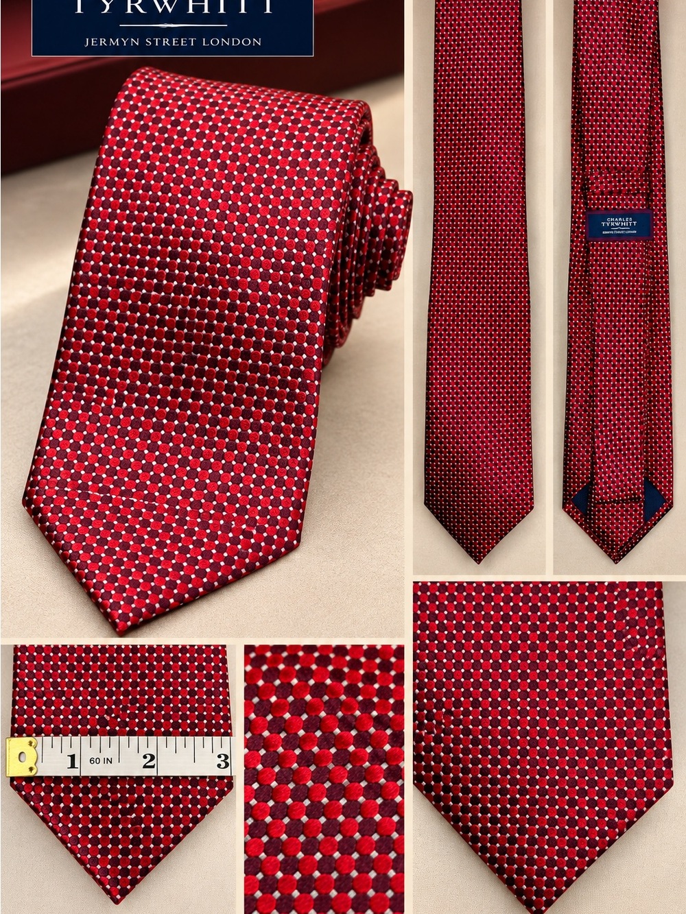 Charles Tyrwhitt Red Burgundy Geometric Silk Necktie Jermyn Street London